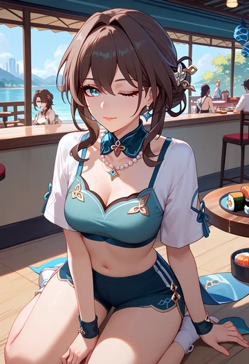 star rail,ruan mei,sports crop,high-waisted shorts  - AI generated anime art